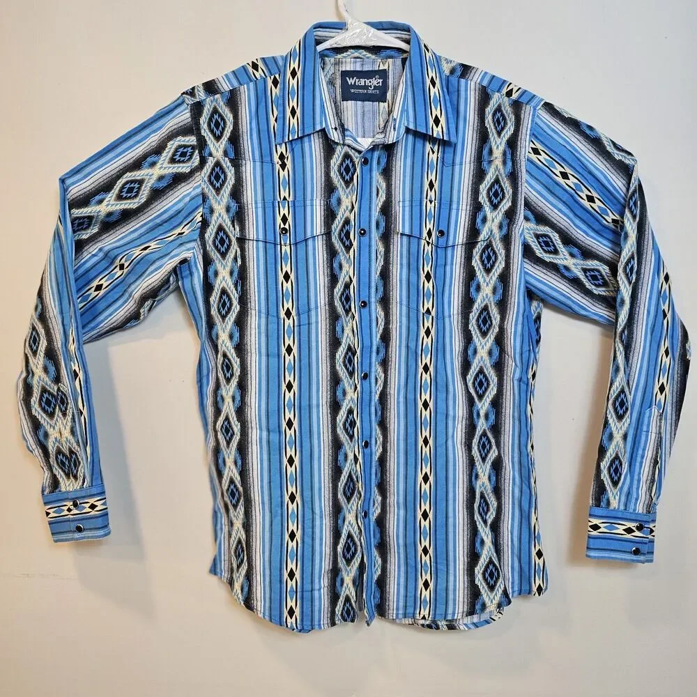Vintage Wrangler Boys Sz XL Pearl Snap Western Shirt Blue Aztec Print
